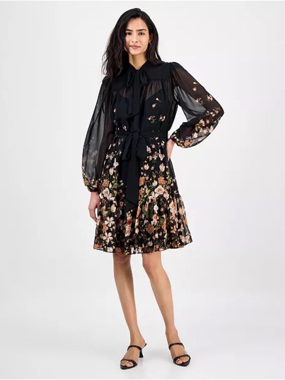 Tahari Black Floral Long-Sleeve Tie-Neck Dress